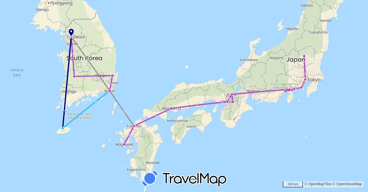 TravelMap itinerary: driving, plane, train, boat in Japan, South Korea (Asia)